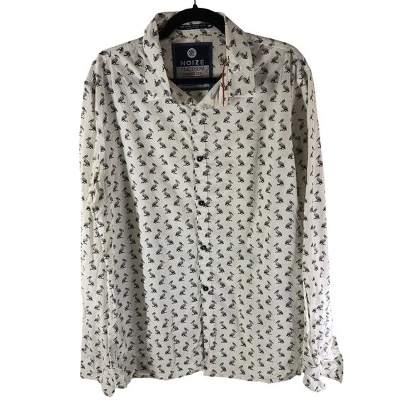 Noize Amstrdm Mens Button Down Shirt Bird Print Cotton White XL - Picture 1 of 5